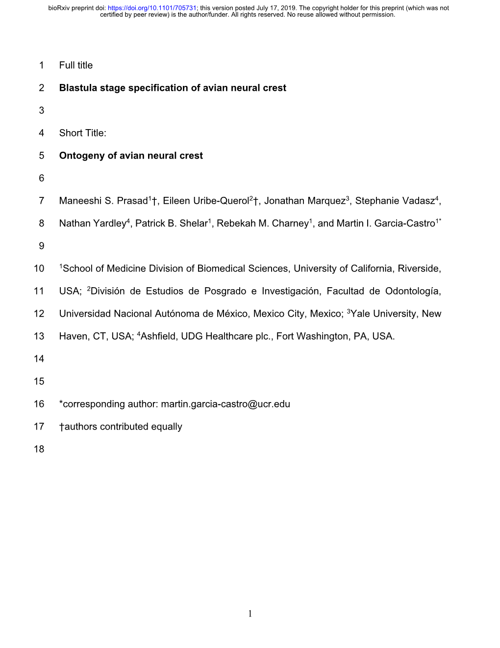 Blastula Stage Specification of Avian Neural Crest