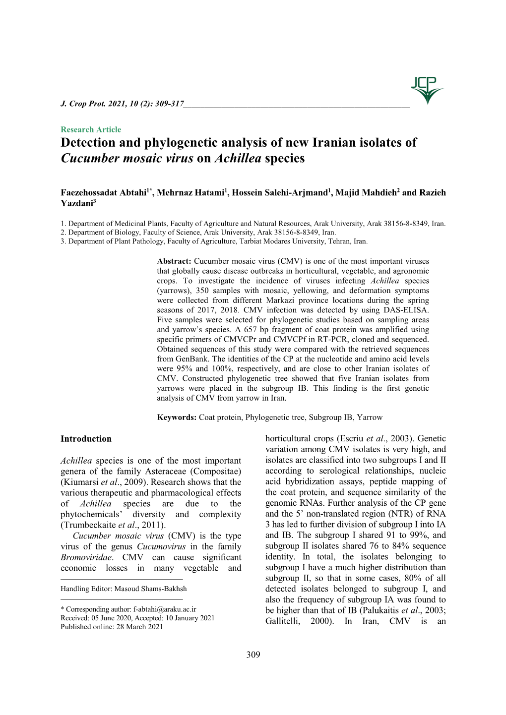 Detection and Phylogenetic Analysis of New Iranian Isolates of Cucumber Mosaic Virus on Achillea Species