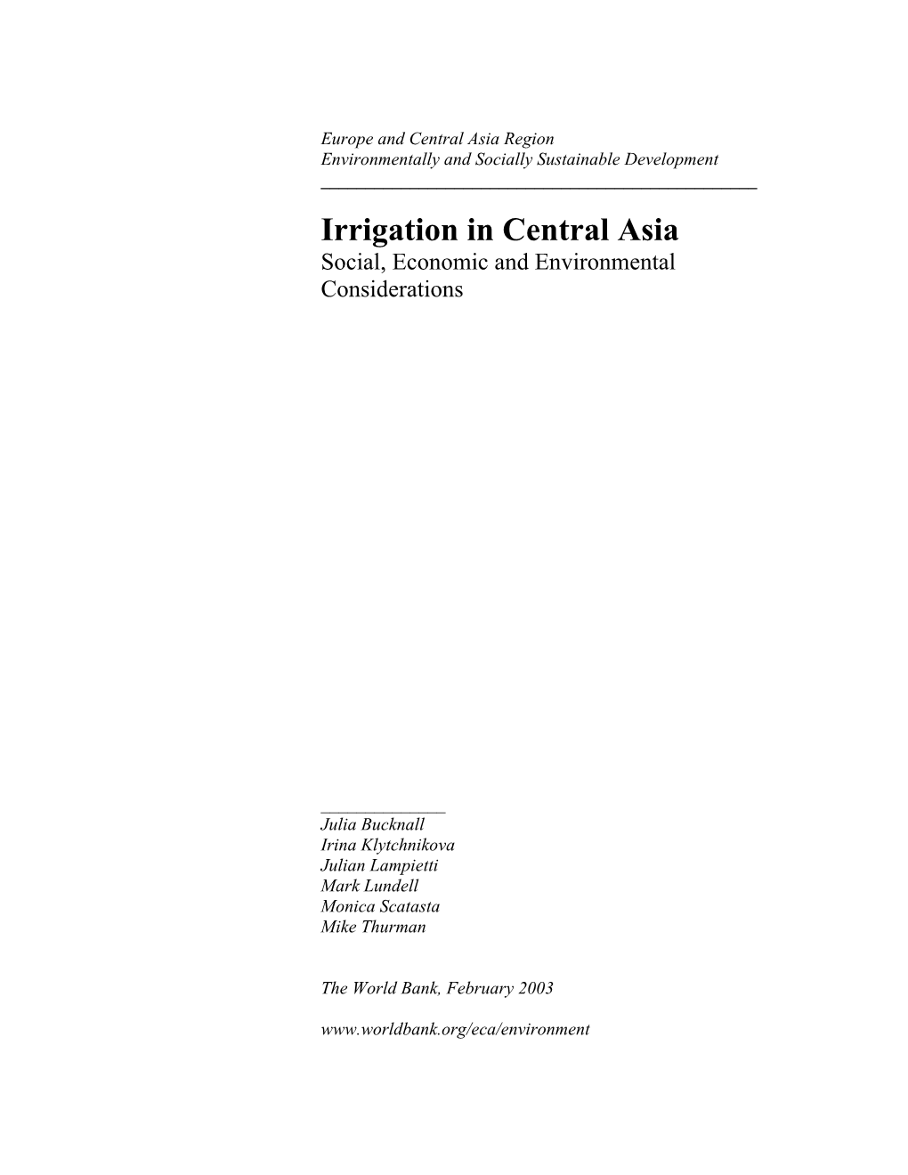 Irrigation in Central Asia Social, Economic and Environmental Considerations