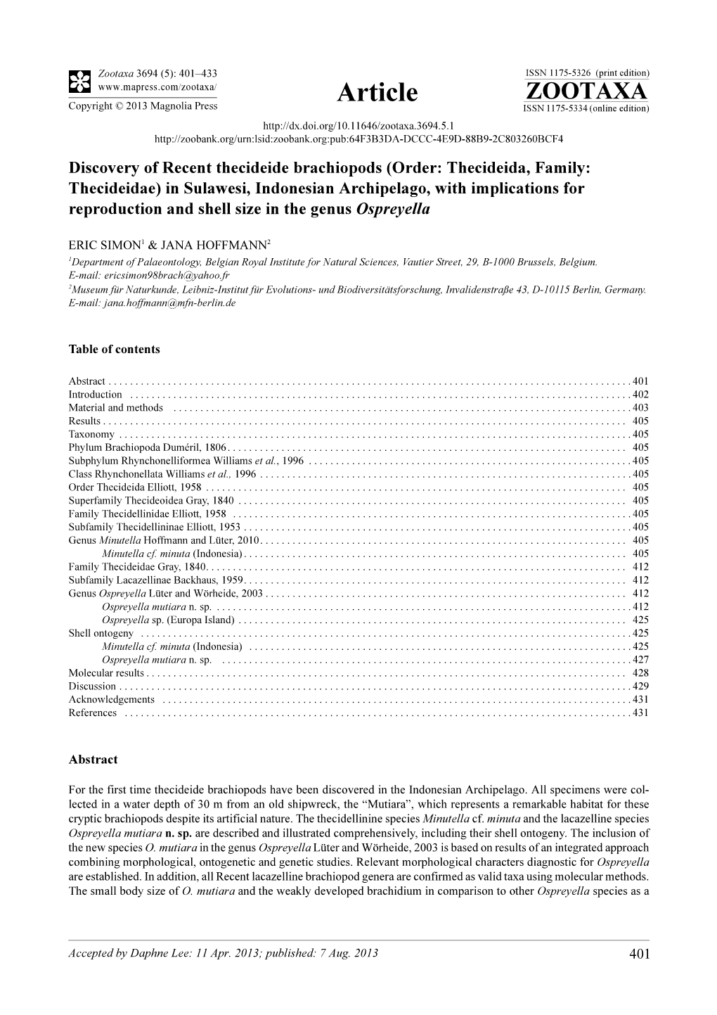 Discovery of Recent Thecideide Brachiopods (Order: Thecideida