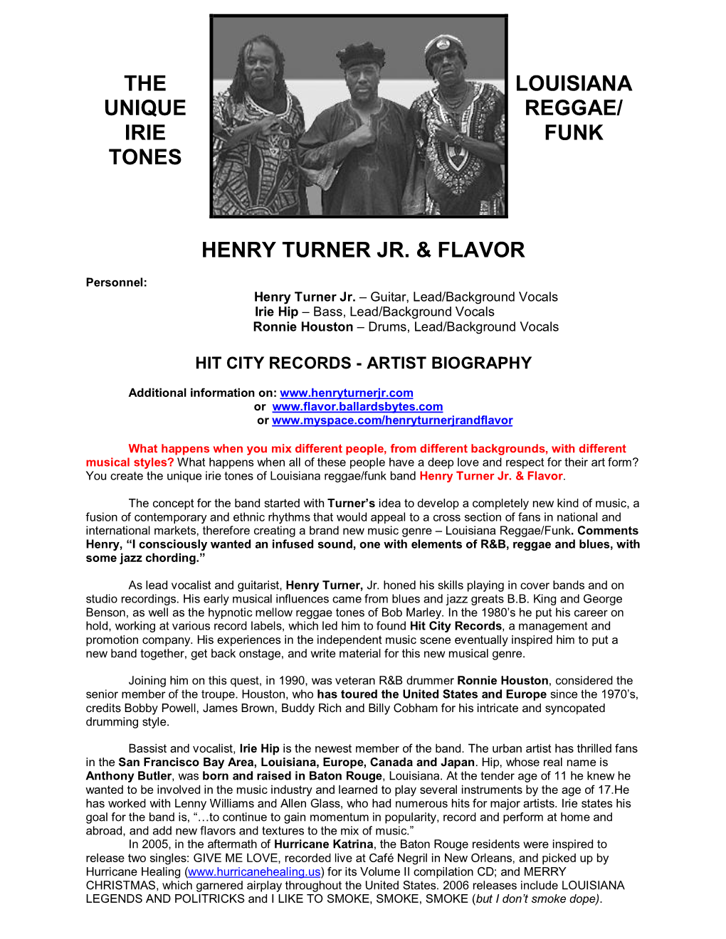 The Unique Irie Tones Louisiana Reggae/ Funk Henry Turner Jr. & Flavor