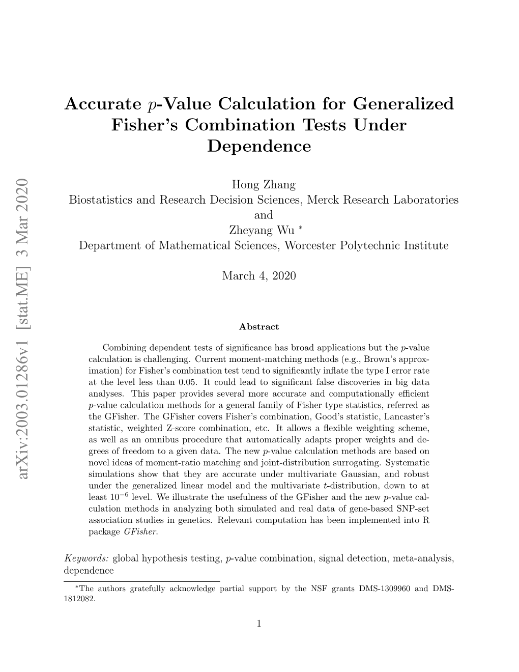 Accurate P-Value Calculation for Generalized Fisher's Combination Tests Under Dependence Arxiv:2003.01286V1