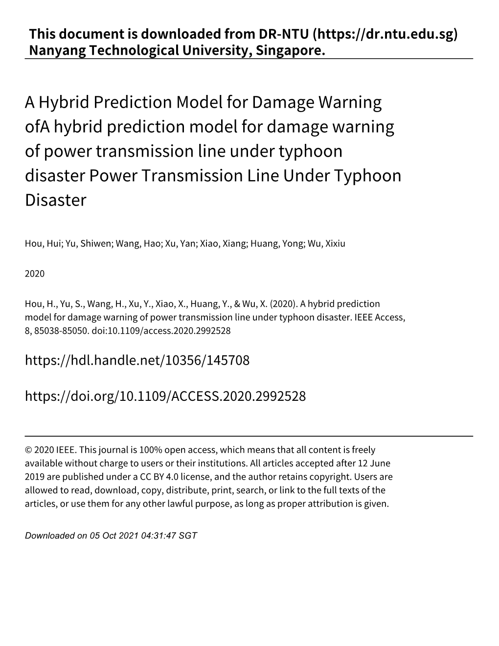 A Hybrid Prediction Model for Damage Warning Ofa Hybrid