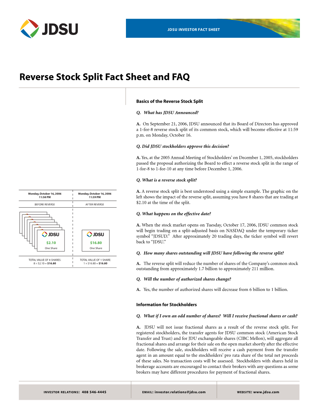 Reverse Stock Split Fact Sheet and FAQ