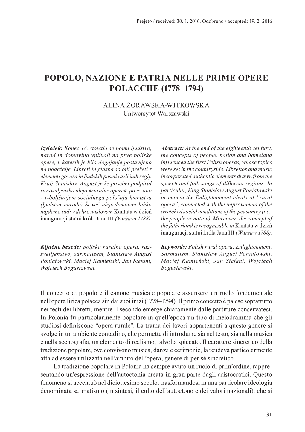 Popolo, Nazione E Patria Nelle Prime Opere Polacche (1778–1794)