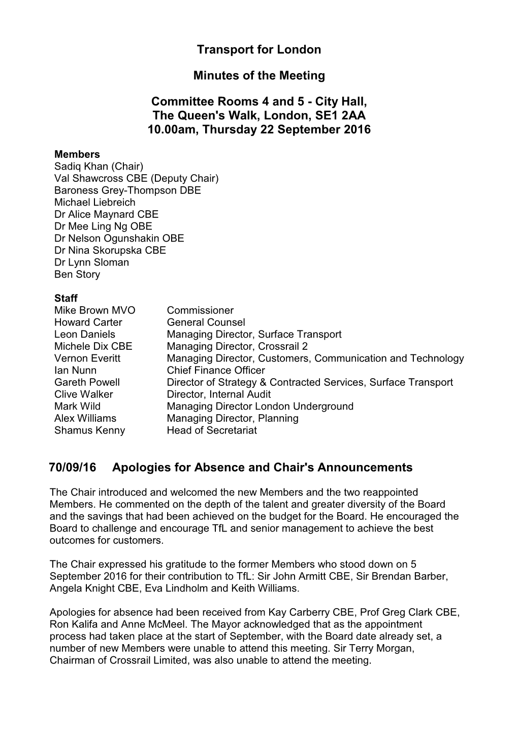 Transport for London Minutes of the Meeting Committee Rooms 4 and 5