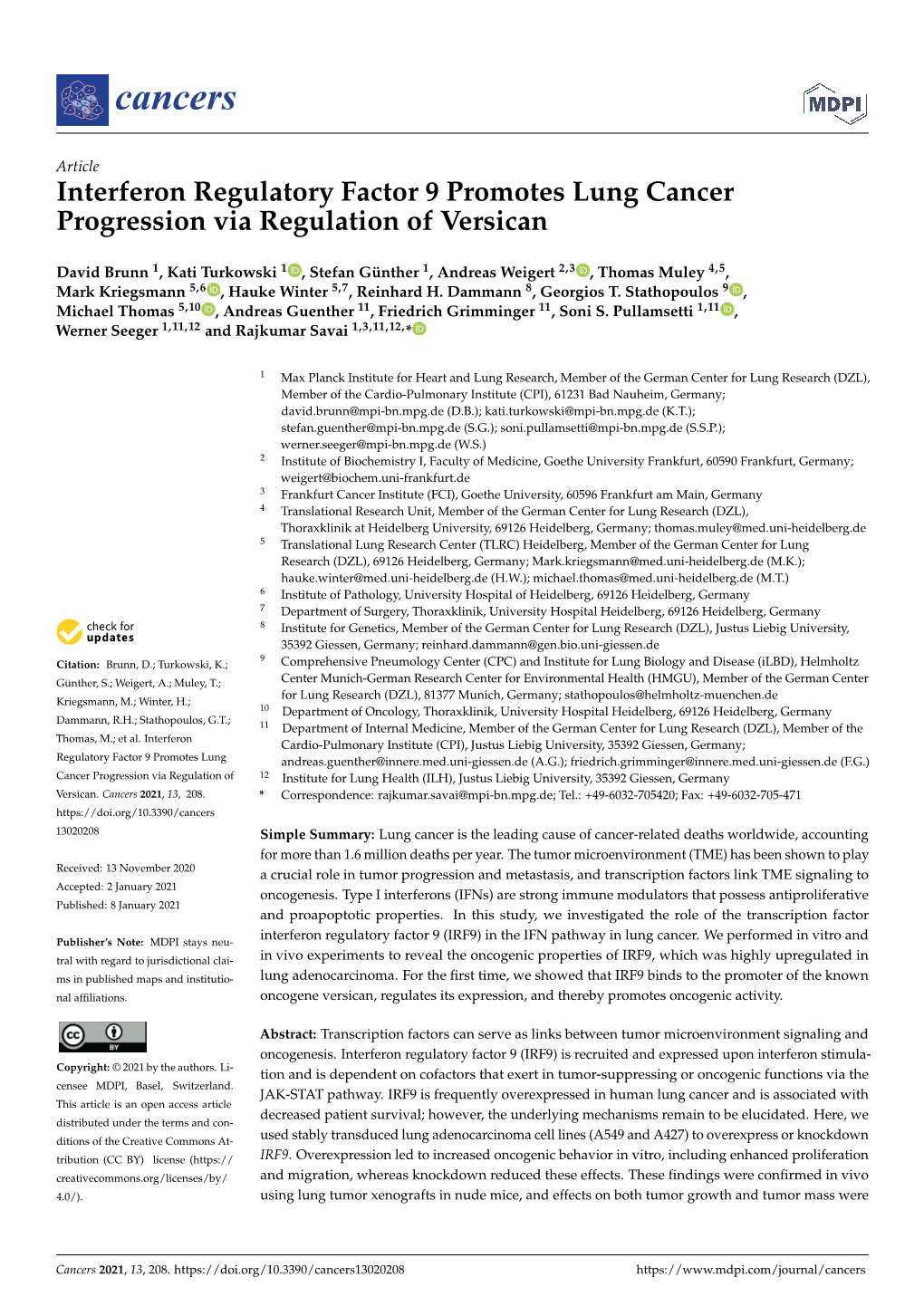 Interferon Regulatory Factor 9 Promotes Lung Cancer Progression Via Regulation of Versican