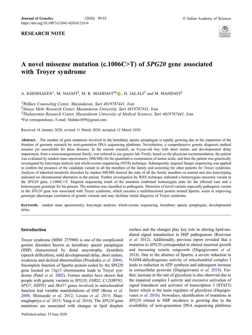 Of SPG20 Gene Associated with Troyer Syndrome