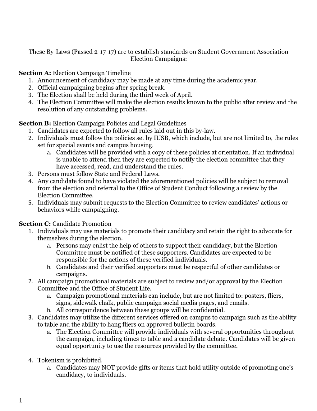 These By-Laws (Passed 2-17-17) Are to Establish Standards on Student Government Association