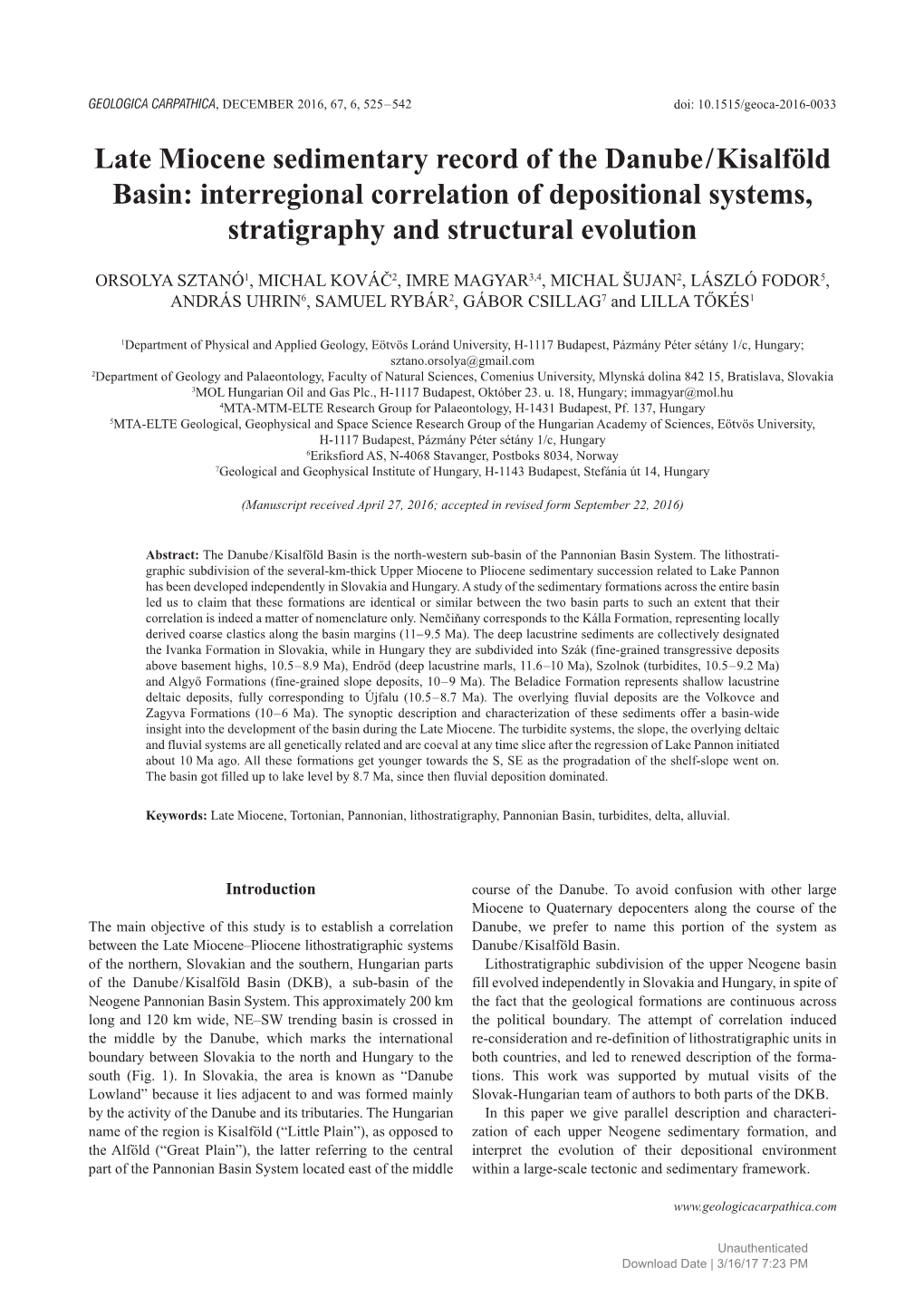 Late Miocene Sedimentary Record of the Danube / Kisalföld Basin: Interregional Correlation of Depositional Systems, Stratigraphy and Structural Evolution