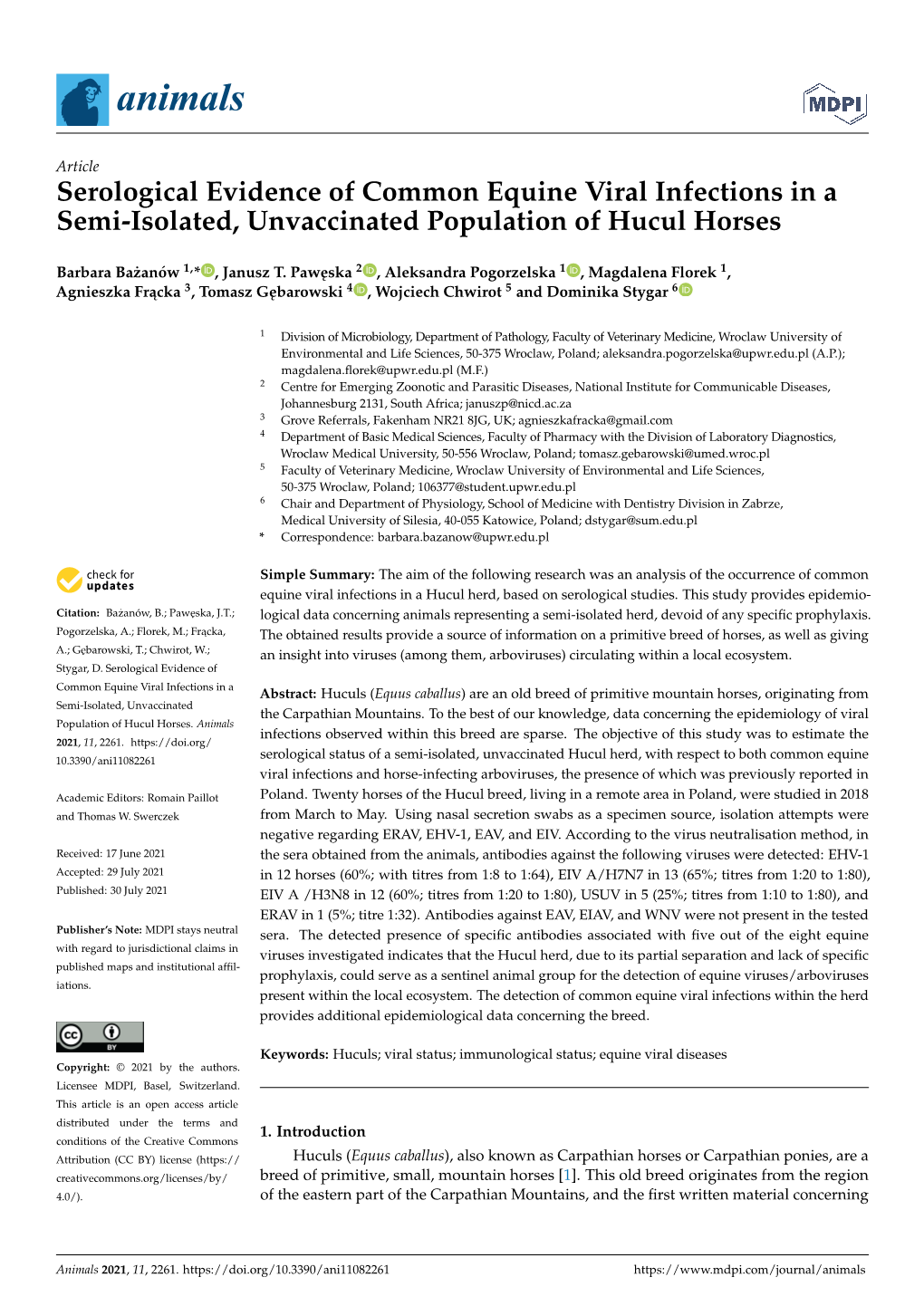 Serological Evidence of Common Equine Viral Infections in a Semi-Isolated, Unvaccinated Population of Hucul Horses