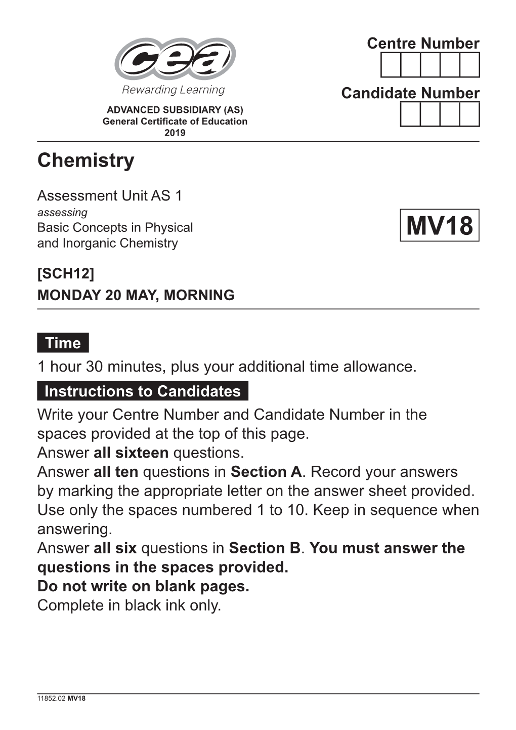 11852.02 GCE Chemistry AS 1 (MV18) Summer 2019