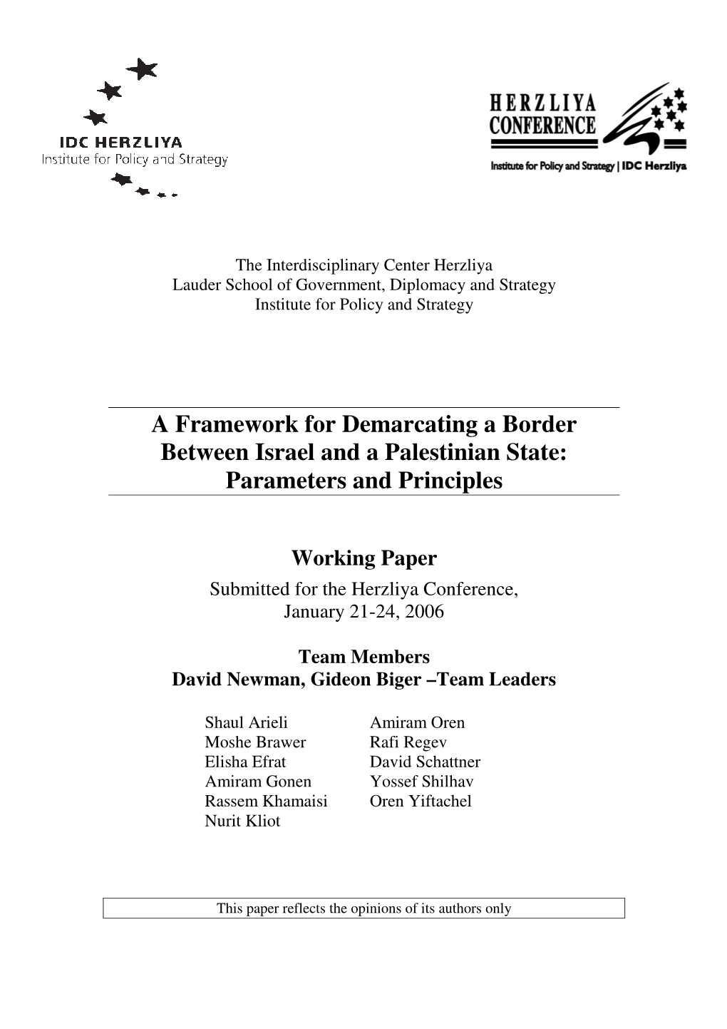 A Framework for Demarcating a Border Between Israel and a Palestinian State: Parameters and Principles