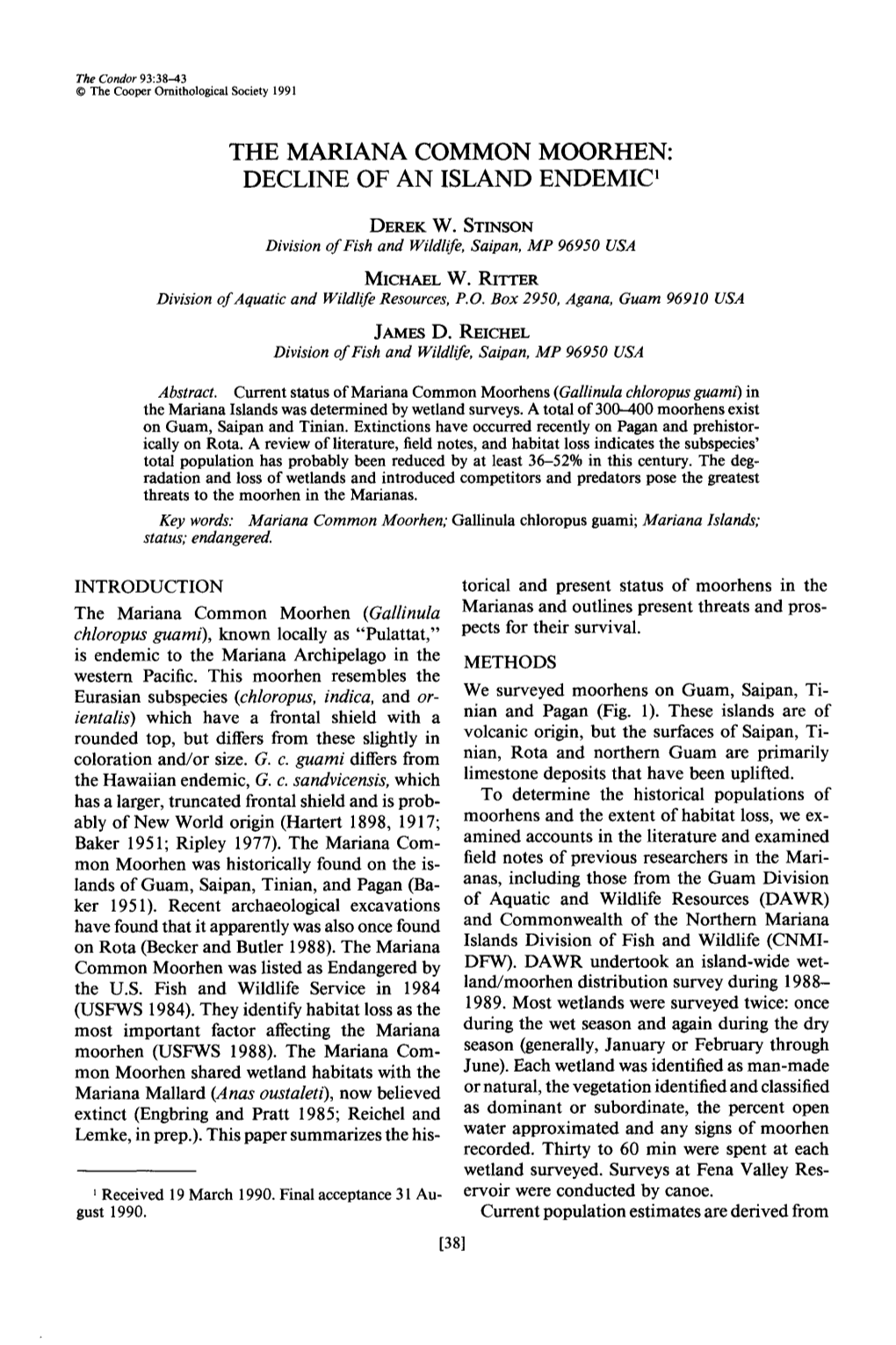 The Mariana Common Moorhen: Decline of an Island Endemic ’