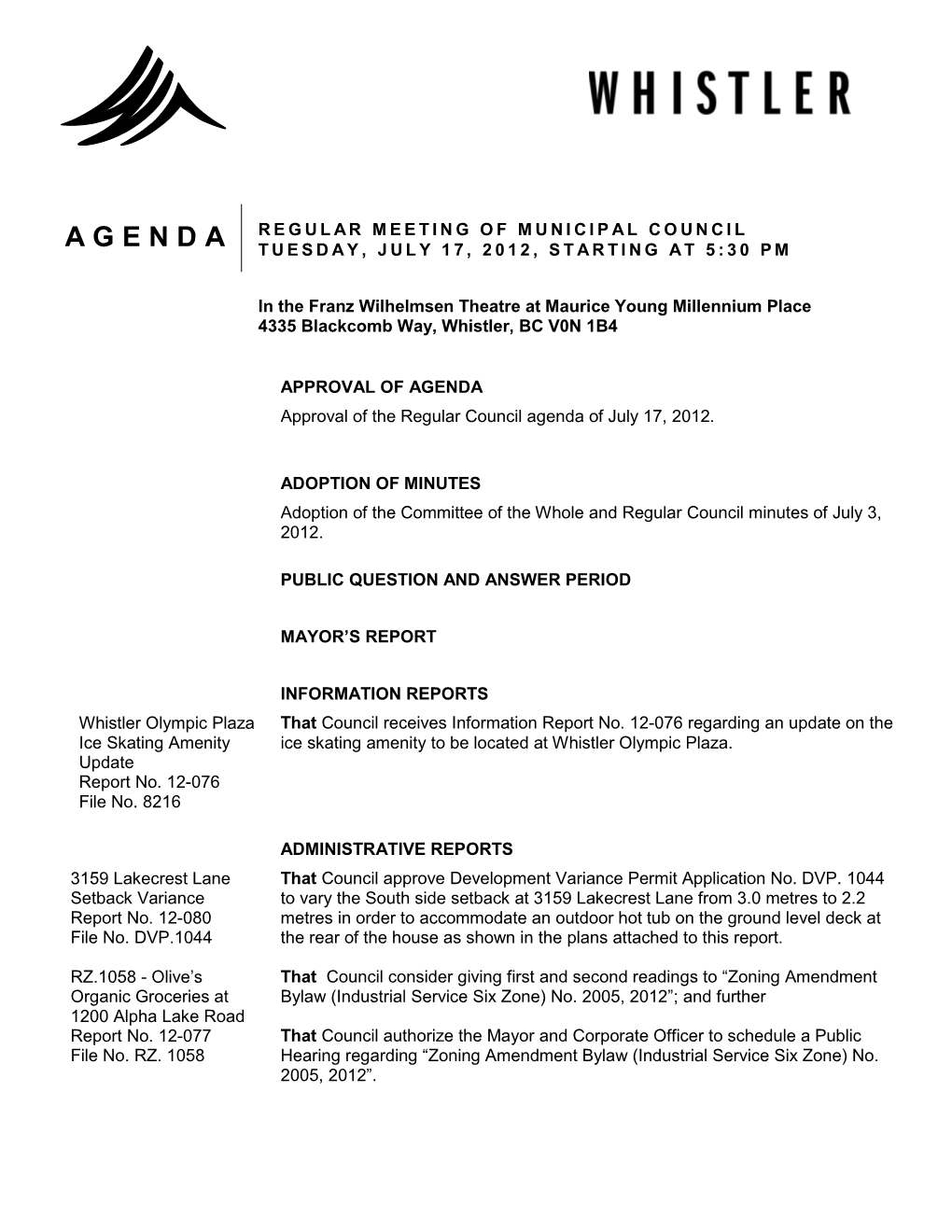 Agenda Regular Meeting of Municipal Council