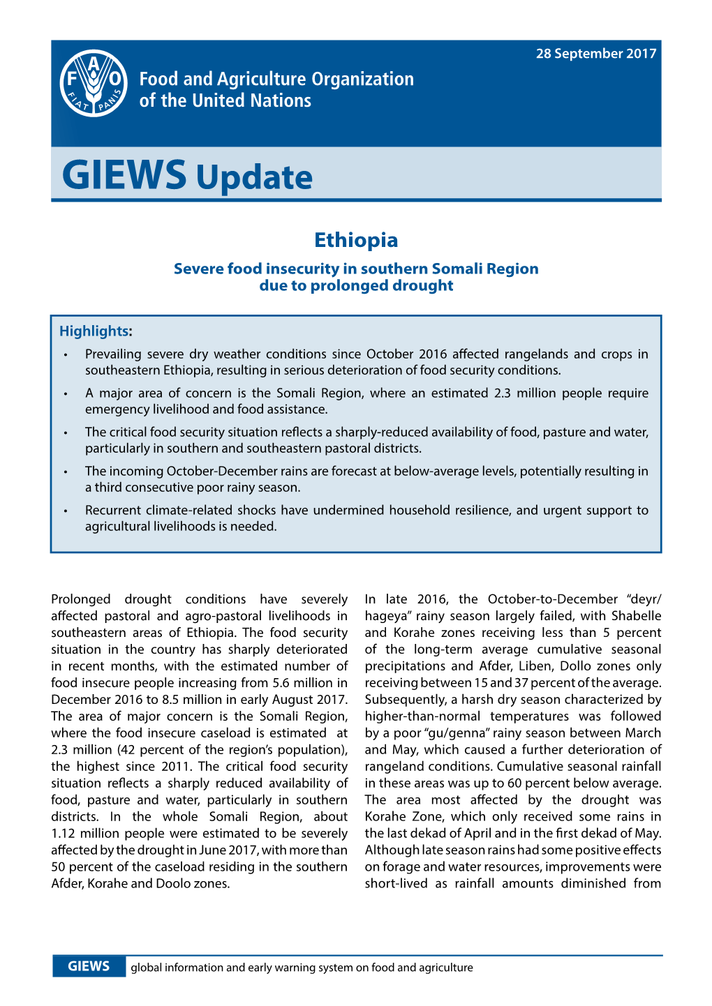 Ethiopia Severe Food Insecurity in Southern Somali Region Due to Prolonged Drought