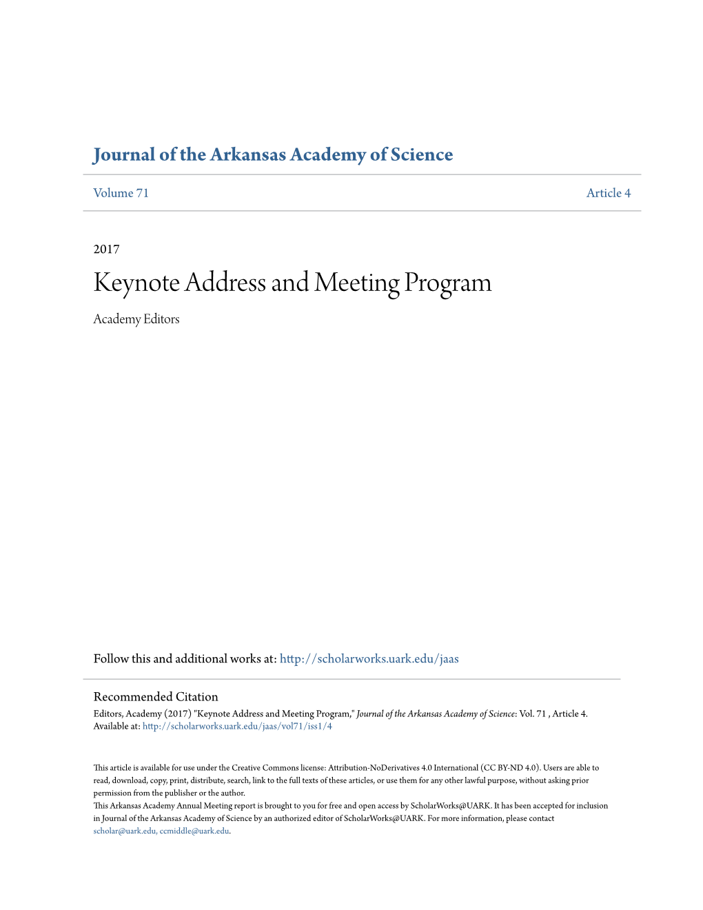 Keynote Address and Meeting Program Academy Editors