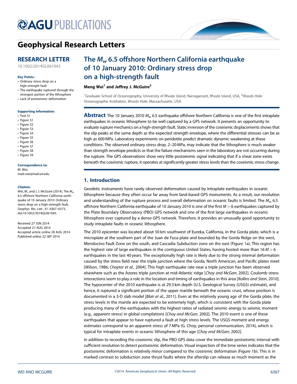 The Mw 6.5 Offshore Northern California Earthquake of 10 January