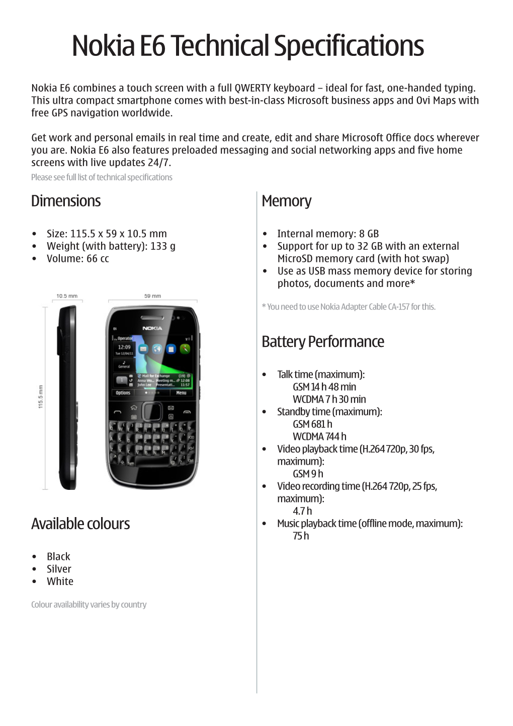 Nokia E6 Technical Specifications