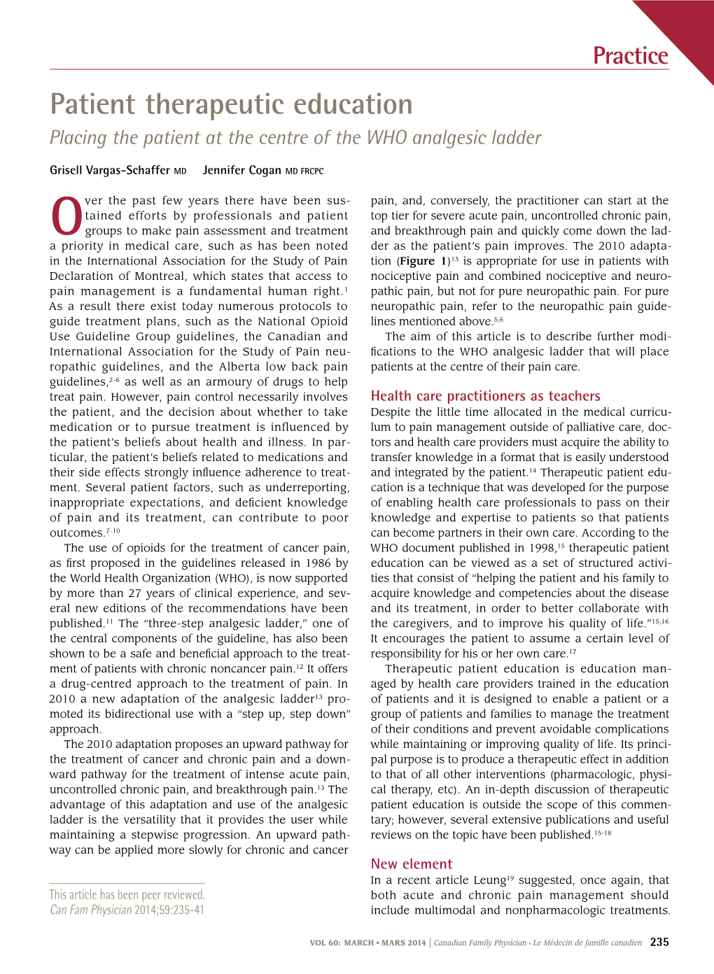 Patient Therapeutic Education Placing the Patient at the Centre of the WHO Analgesic Ladder