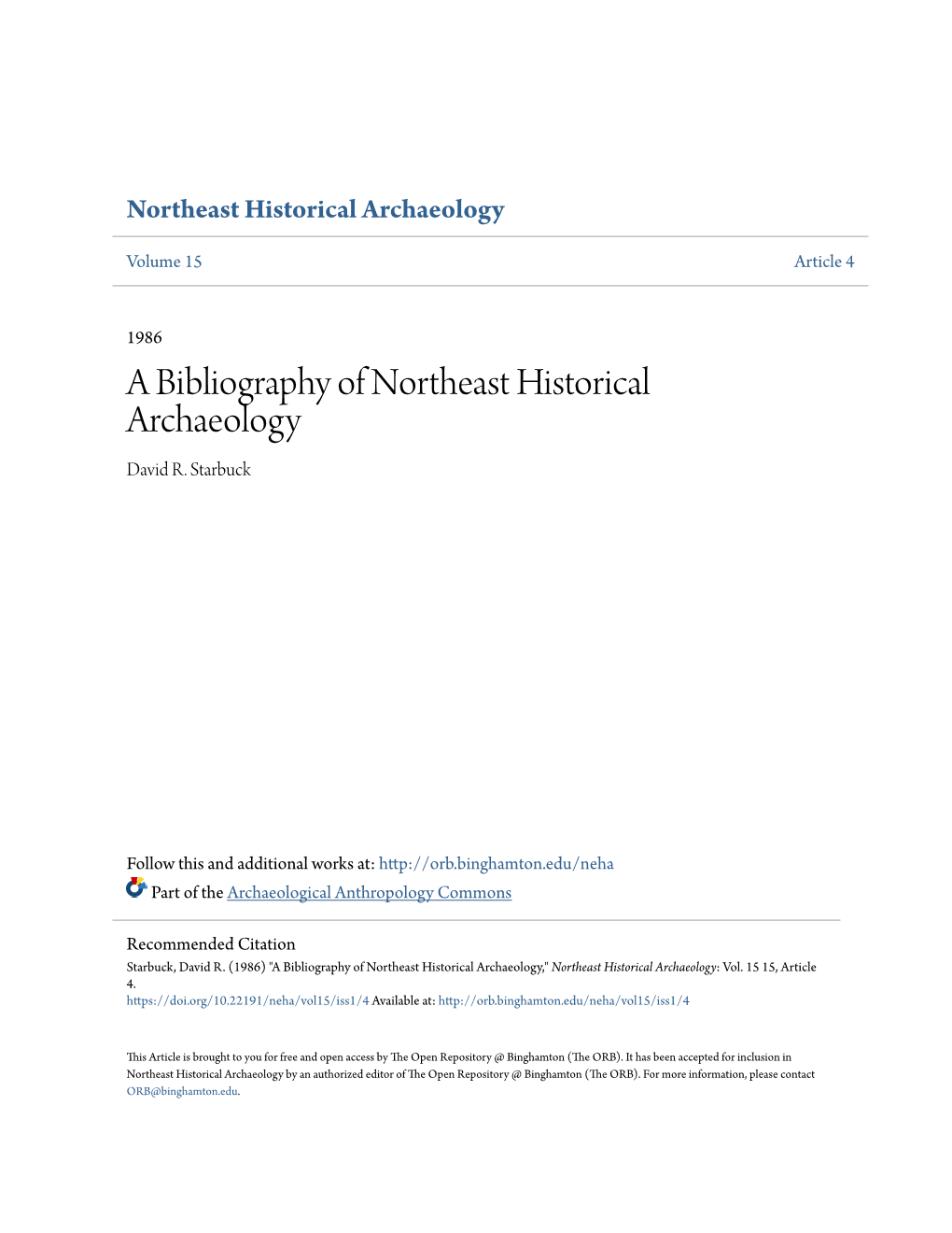 A Bibliography of Northeast Historical Archaeology David R