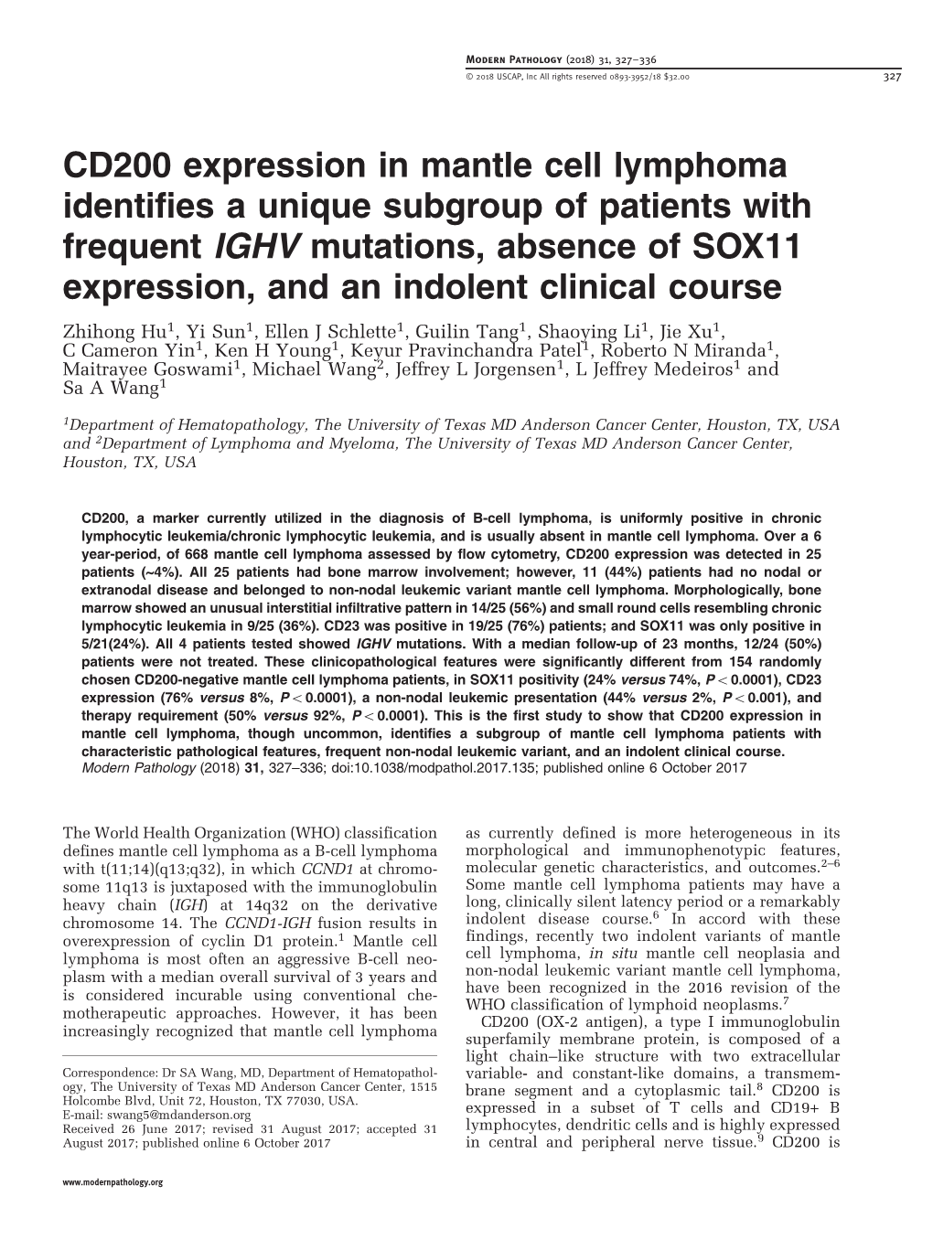 CD200 Expression in Mantle Cell Lymphoma Identifies a Unique