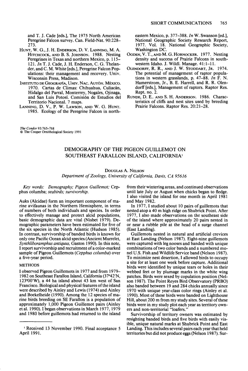 Demography of the Pigeon Guillemot on Southeast Farallon Island, California ’