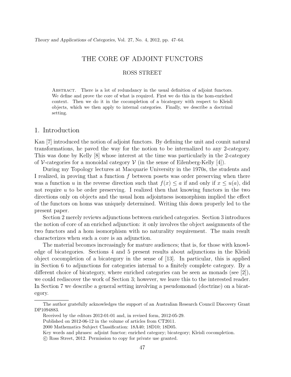 THE CORE of ADJOINT FUNCTORS 1. Introduction