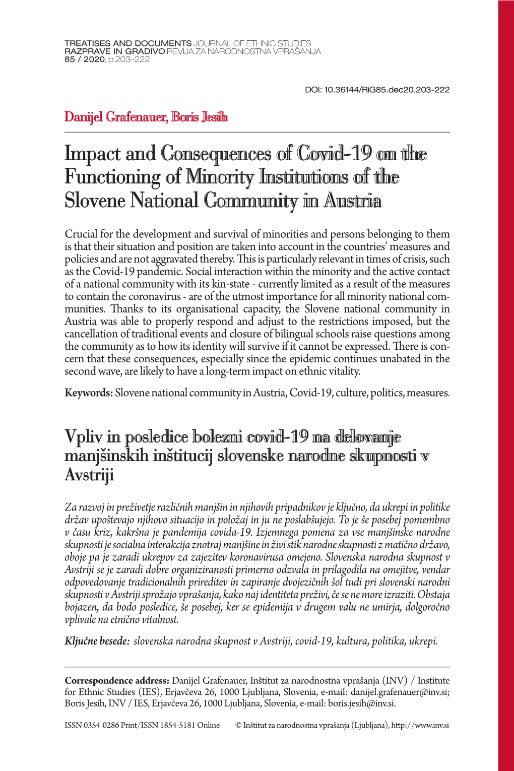 Impact and Consequences of Covid-19 on the Functioning of Minority Institutions of the Slovene National Community in Austria