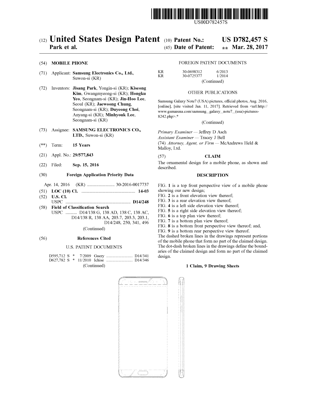 (12) United States Design Patent (10) Patent No.: US D782.457 S Park Et Al