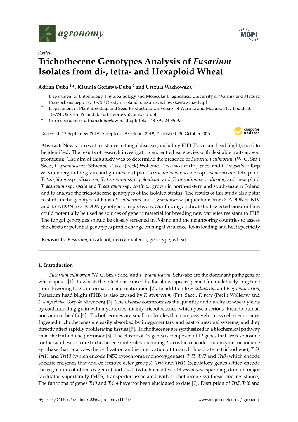Trichothecene Genotypes Analysis of Fusarium Isolates from Di-, Tetra- and Hexaploid Wheat
