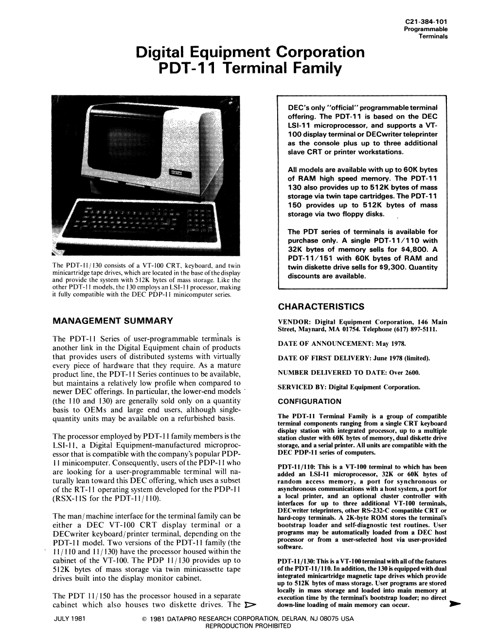 Digital Equipment Corporation PDT-11 Terminal Family