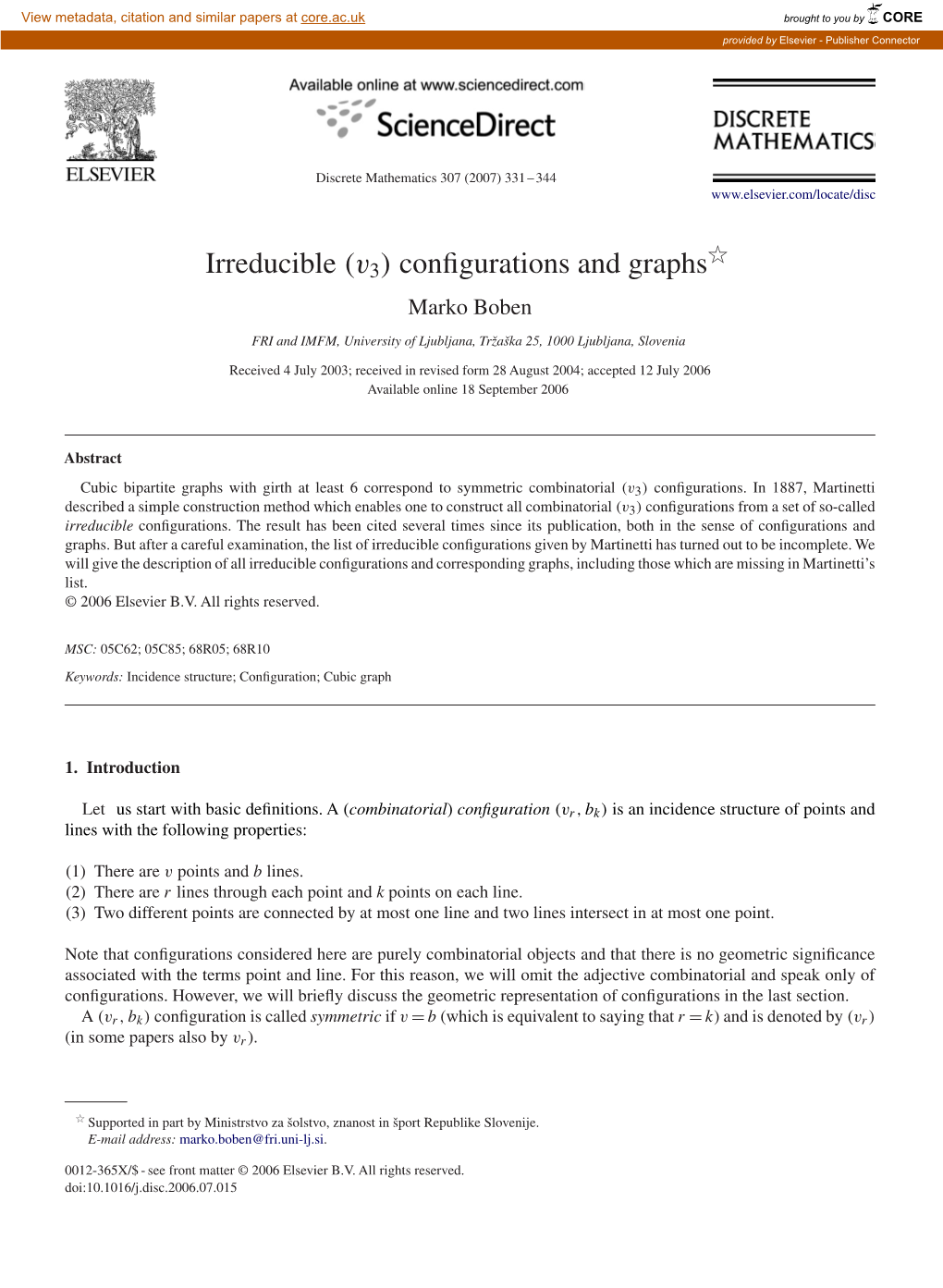 Irreducible (V3) Conﬁgurations and Graphs Marko Boben