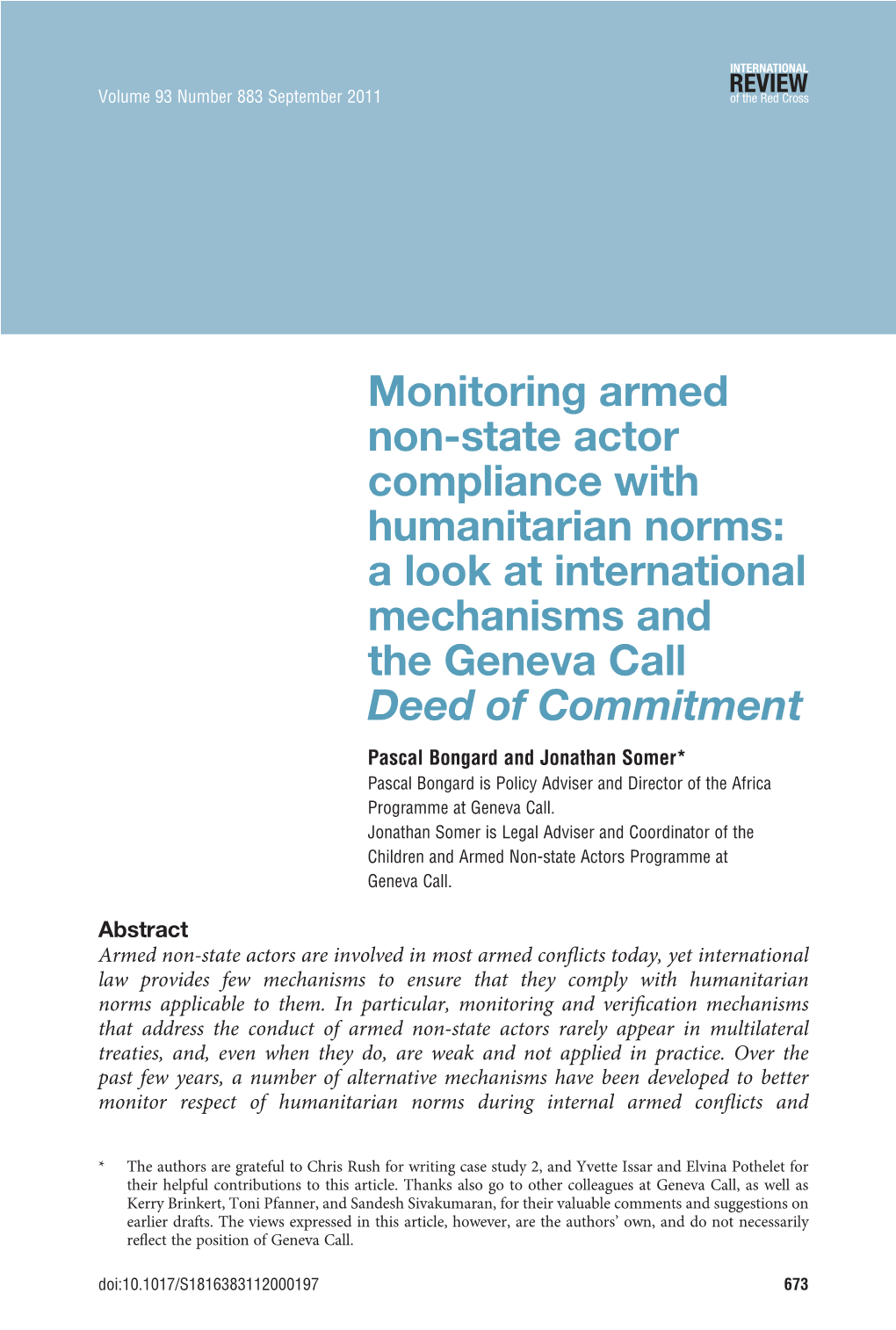 Monitoring Armed Non-State Actor Compliance with Humanitarian Norms: a Look at International Mechanisms and the Geneva Call Deed