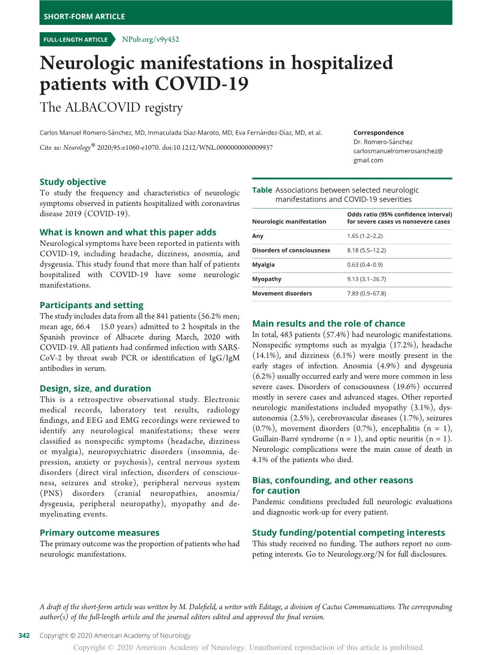 Neurologic Manifestations in Hospitalized Patients with COVID-19 the ALBACOVID Registry