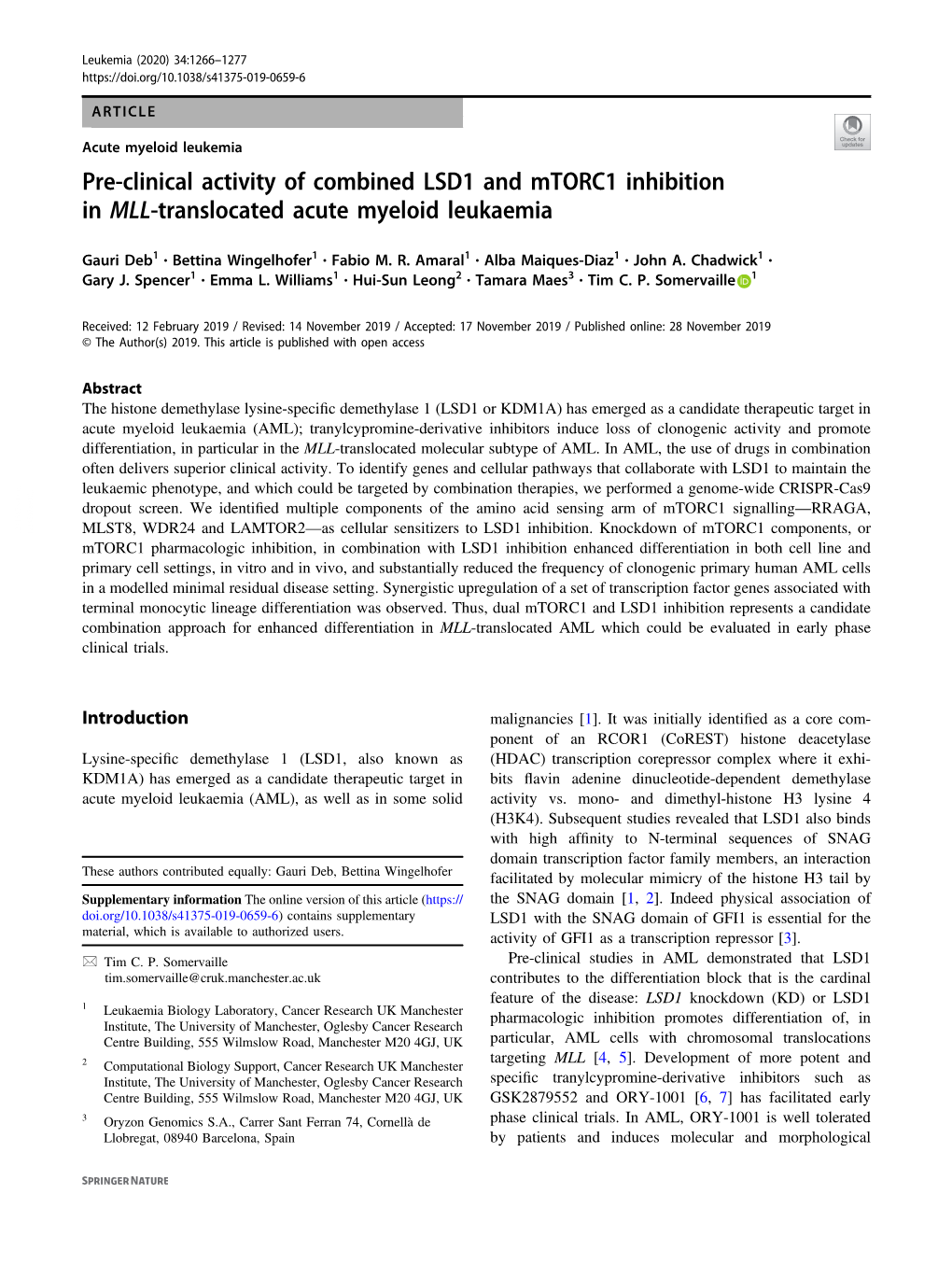 Pre-Clinical Activity of Combined LSD1 and Mtorc1 Inhibition in MLL-Translocated Acute Myeloid Leukaemia