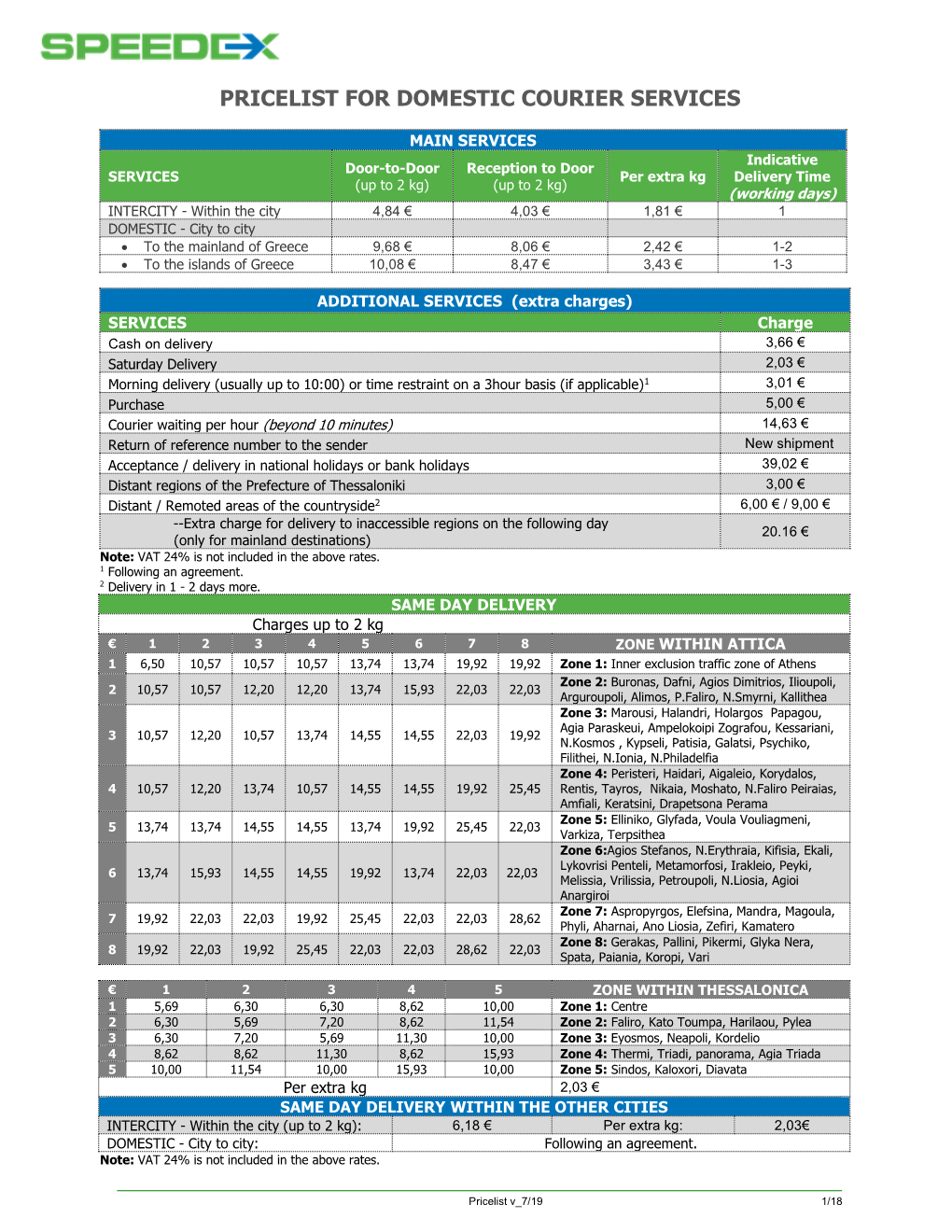 Pricelist for Domestic Courier Services