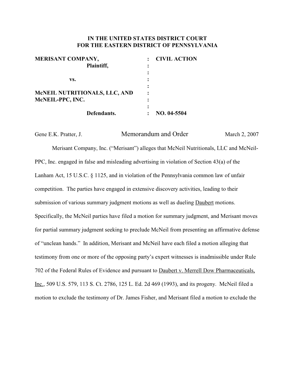 Memorandum and Order March 2, 2007