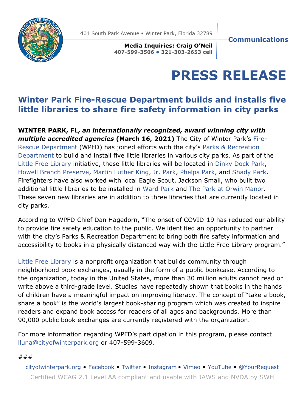 Winter Park Fire-Rescue Department Builds and Installs Five Little Libraries to Share Fire Safety Information in City Parks