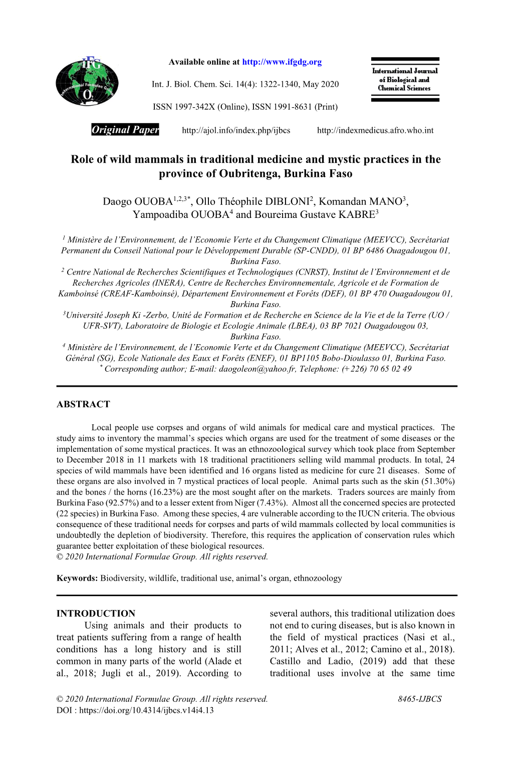 Role of Wild Mammals in Traditional Medicine and Mystic Practices in the Province of Oubritenga, Burkina Faso