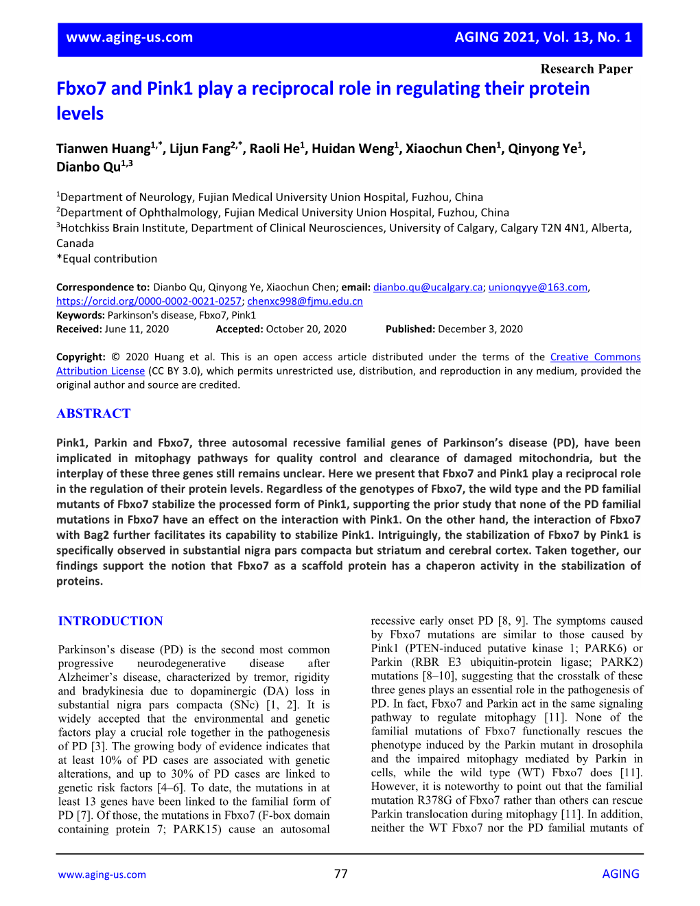 Fbxo7 and Pink1 Play a Reciprocal Role in Regulating Their Protein Levels