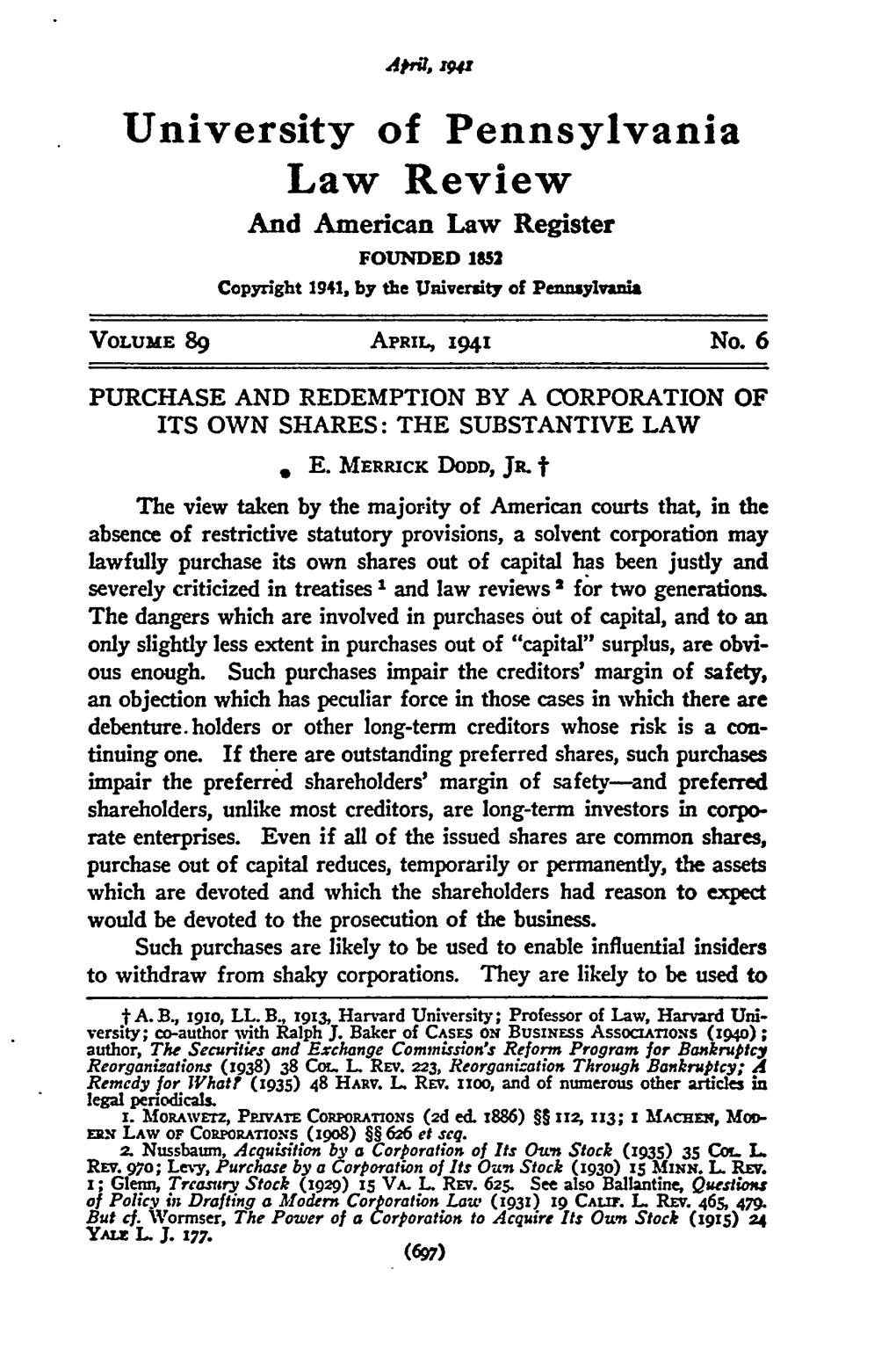 Purchase and Redemption by a Corporation of Its Own Shares: the Substantive Law 0 E