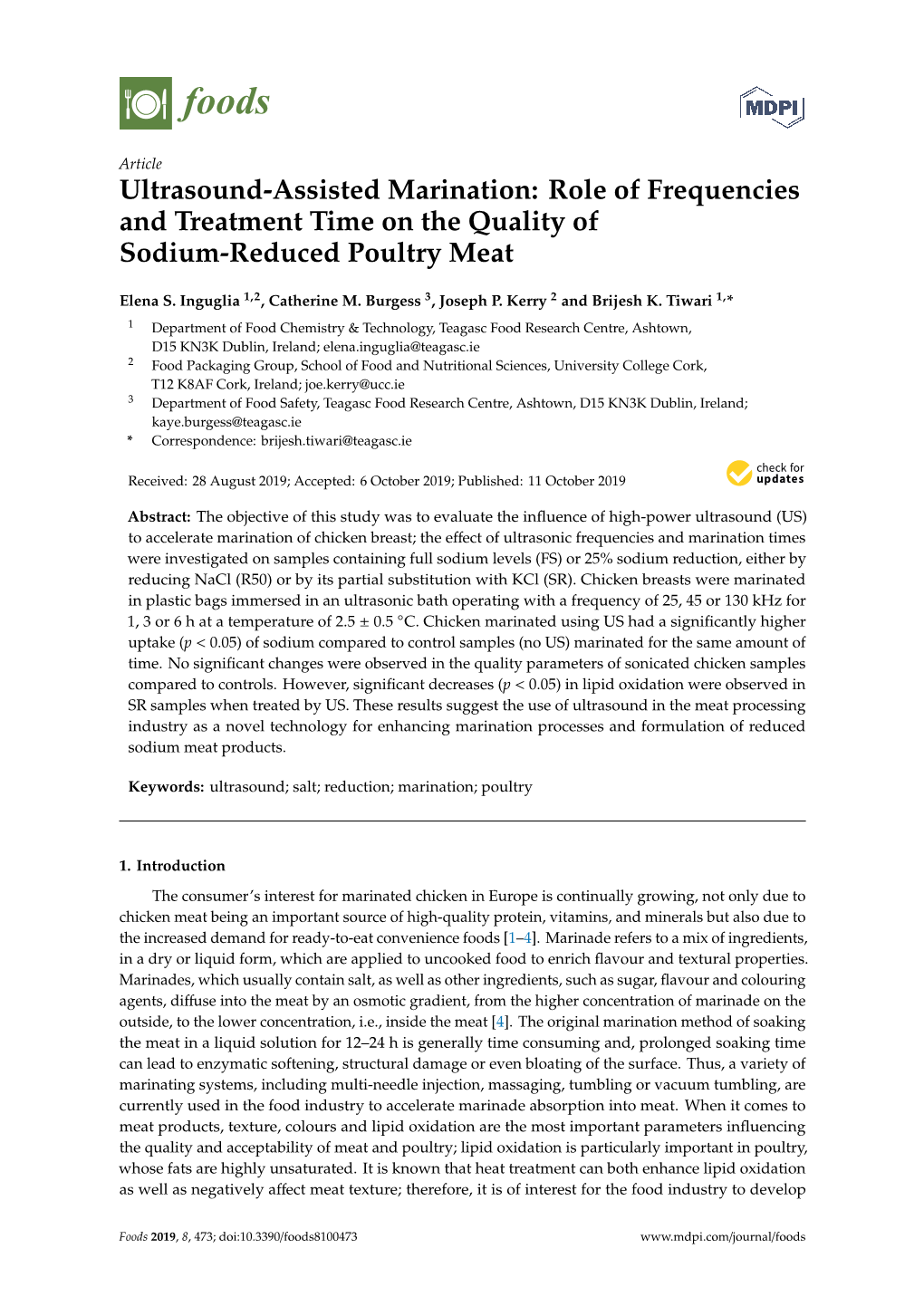 Ultrasound-Assisted Marination: Role of Frequencies and Treatment Time on the Quality of Sodium-Reduced Poultry Meat