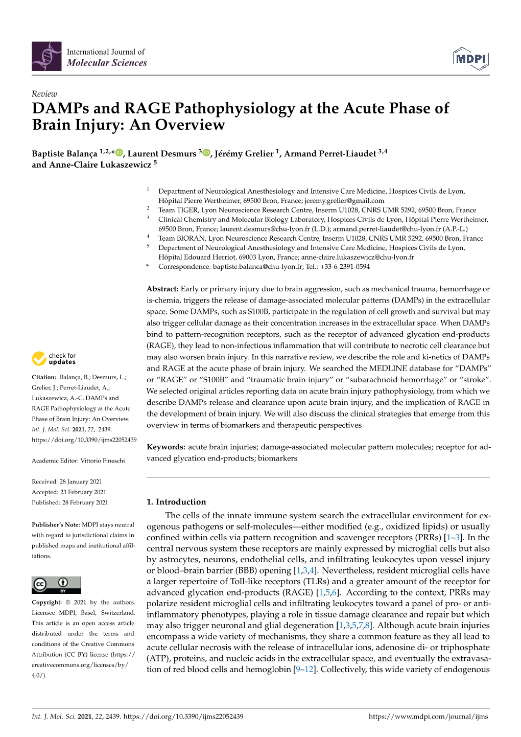 Damps and RAGE Pathophysiology at the Acute Phase of Brain Injury: an Overview