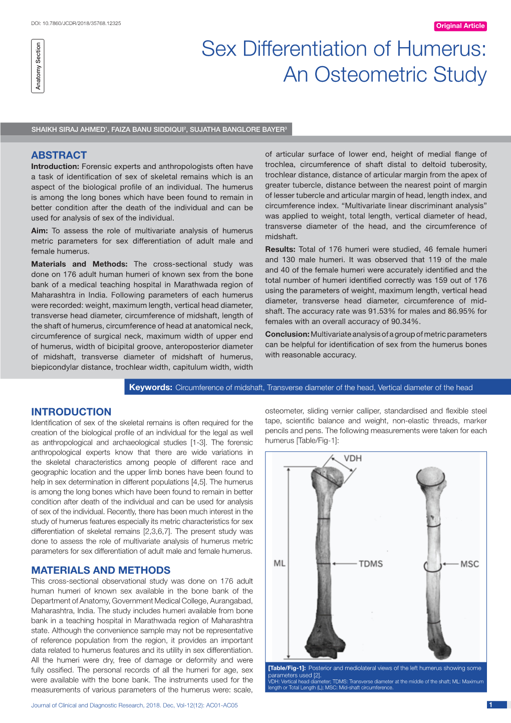 Sex Differentiation of Humerus: Case Series an Osteometric Study Anatomy Section