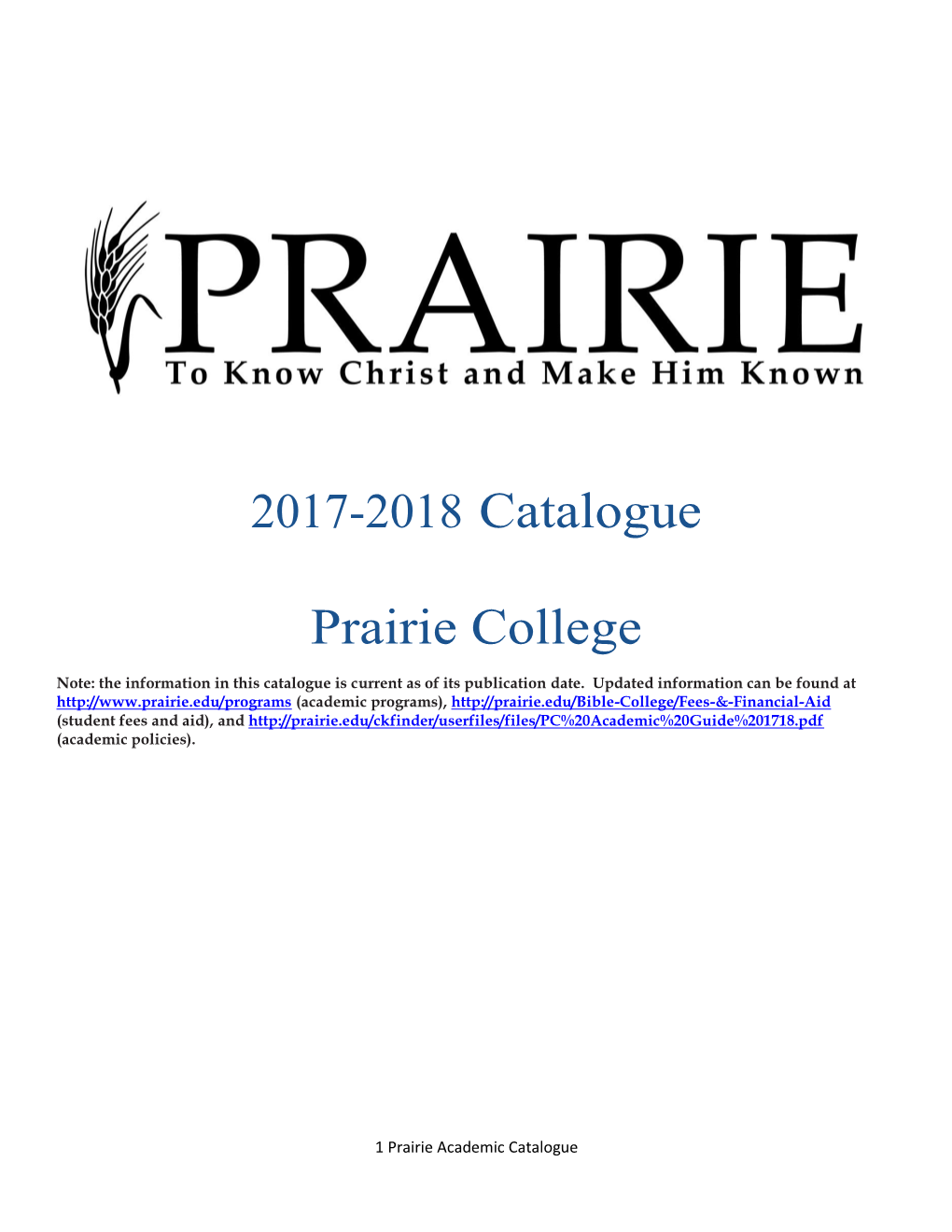 2017-2018 Prairie College Catalogue