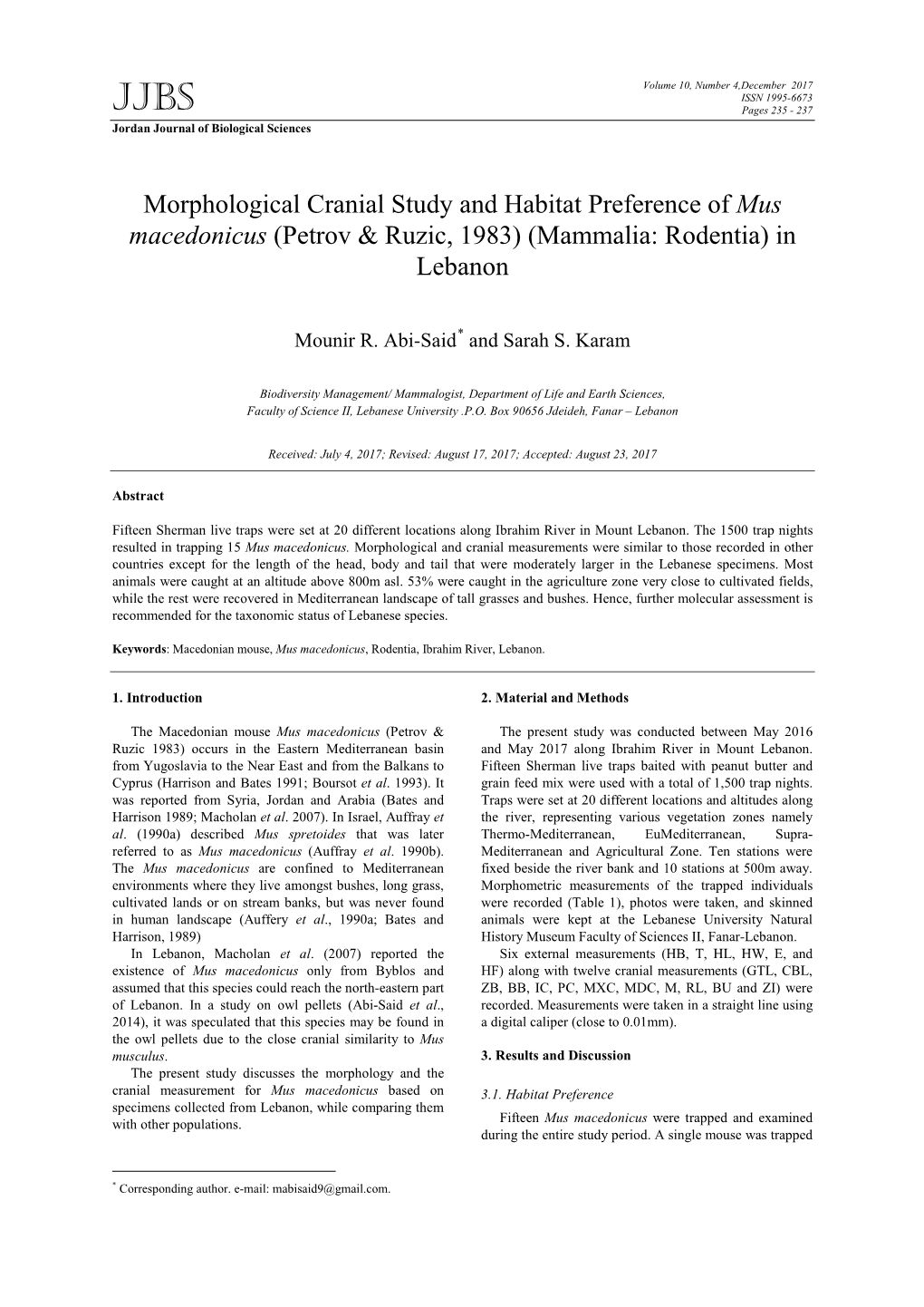 Morphological Cranial Study and Habitat Preference of Mus Macedonicus (Petrov & Ruzic, 1983) (Mammalia: Rodentia) in Lebanon