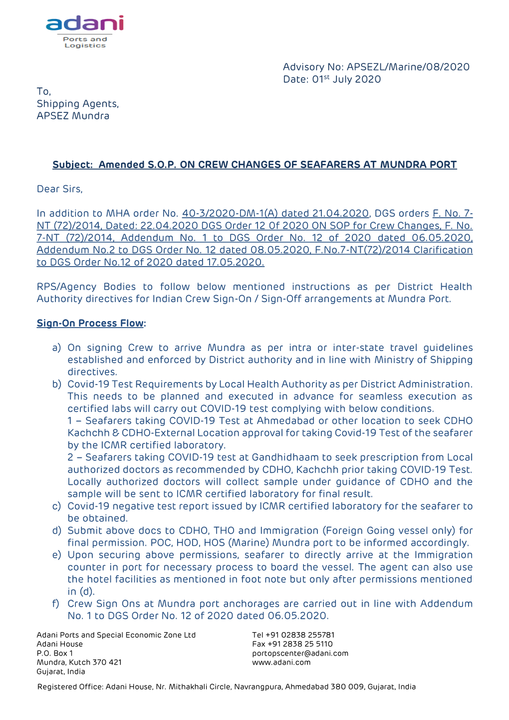 Amended SOP on CREW CHANGES of SEAFARERS at MUNDRA PORT