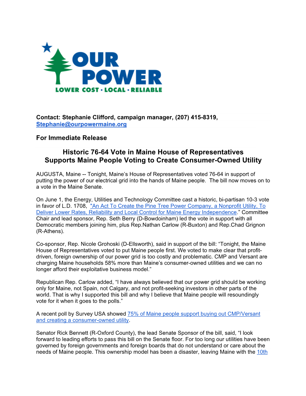 Historic 76-64 Vote in Maine House of Representatives Supports Maine People Voting to Create Consumer-Owned Utility