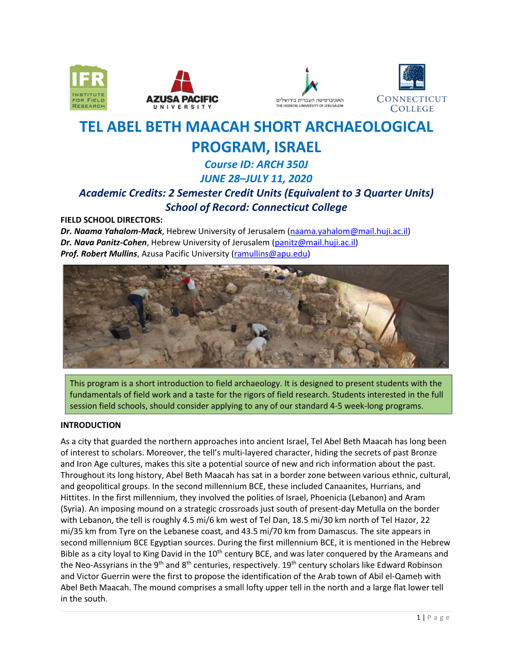 Tel Abel Beth Maacah Short Archaeological Program